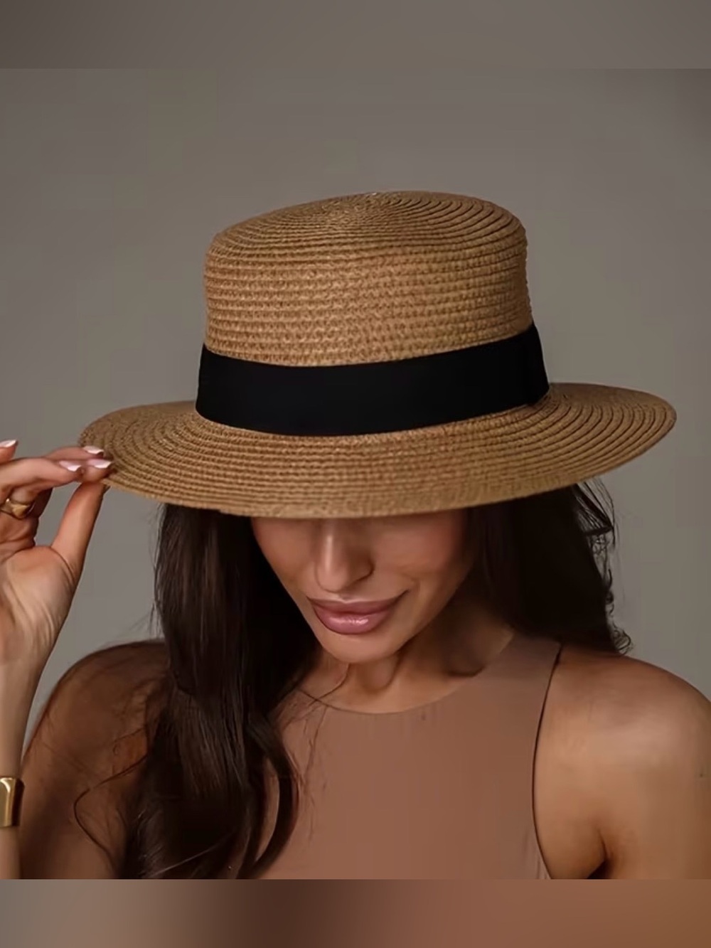 Source Unknown Tan Straw Boater Hat with Black Band